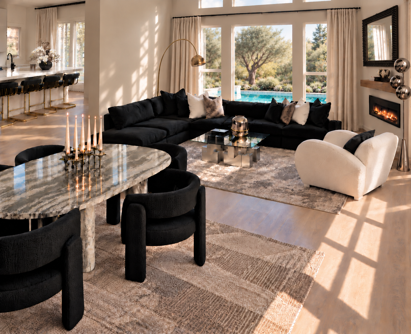 Black sectional, green-veined marble dining table, sculptural ivory chairs, chrome lamp, and soft olive foliage beside a pool