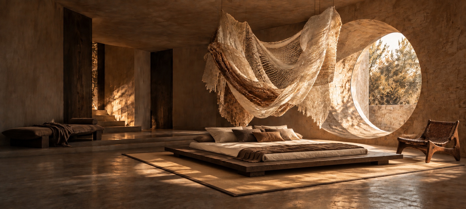 Warm sculptural bedroom with a tatami platform bed, woven canopy, and circular window